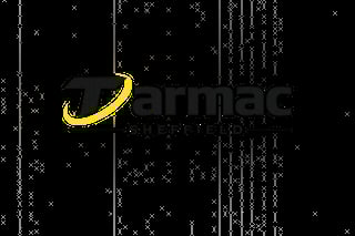 Tarmac Shuffleboard logo with yellow swoosh against dark digital background with scattered text patterns